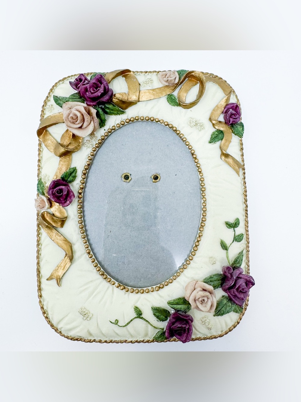 VTG 3D Relief Rose & Ribbon Photo Frame Floral Embossed 4.75" Shabby Chic